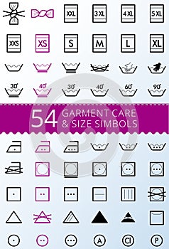 Laundry care symbols. Set of textile care icons. Wash and care signs of textile garment