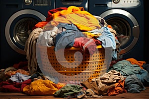 Laundry chaos a basket overflows with a mountain of unsorted, dirty clothes