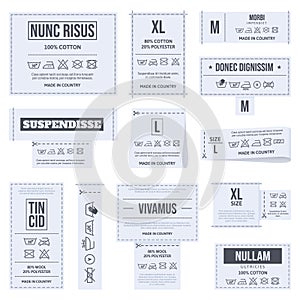 Laundry clothes care labels, textile care instruction symbols. Clothes care instructions tags, textile laundry