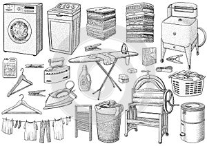 Laundry collection, equipment, illustration, drawing, engraving, ink, line art, vector