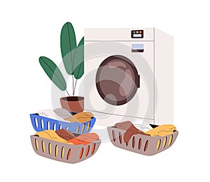 Laundry concept. Washing machine and dirty clothes in baskets. Washer equipment and sorted linen in containers