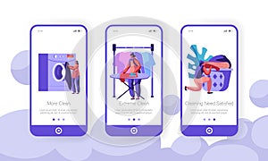 Laundry Concept. Woman Loading Dirty Clothes to Washing Machine, Ironing, Laying Clean Linen to Basket, Mobile App Page Onboard