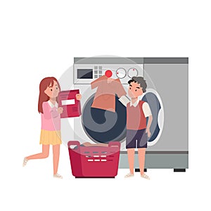 Laundry concept. young kids ,sibling are help to washing clothes, doing laundry with Modern washing machine. Flat vector cartoon