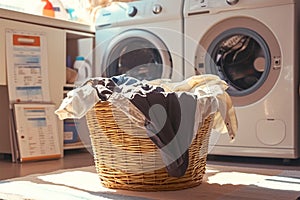 Laundry day scene a basket of dirty clothes near kitchens washing machines