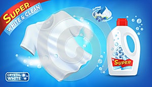 Laundry detergent ad with clean white T-shirt and liquid product package, plastic bottle with label, Alpine freshness