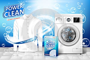 Laundry detergent ad. Stain remover banner design with realistic washing machine and laundry detergent package with photo