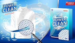 Laundry detergent ad. Stain remover package design for advertising with soap bubbles, closeup look at fiber structure