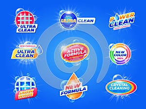 Laundry detergent label. Washing powder emblem package with bubbles, soap and stain remover, laundry care product with photo