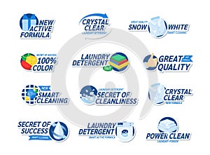 Laundry detergent logotype set. Commercial laundromat logo decorative design with washing machine