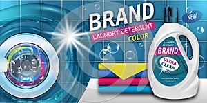 Laundry detergent in plastic container, clean color towels. Package design for Liquid Detergents ads with washing machine. Branded