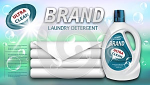 Laundry detergent in plastic container and clean towels. Package design for Liquid Detergents ads, space for text. Branded bleach