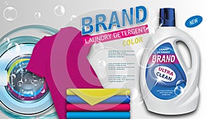 Laundry detergent in plastic container on light background, clean color towels and t-shirt. Package design for Liquid Detergents