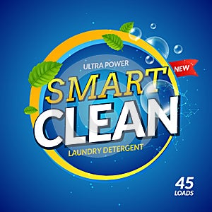 Laundry detergent smart clean design cleaner. Wash powder product template. Package design background