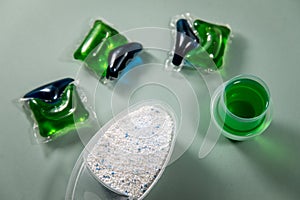 Laundry detergent sorts variety in powder, liquid gel and pod in washing dose