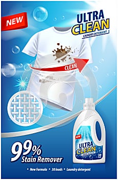 Laundry detergent, stain remover ad template. Ads poster design on blue background with white t-shirt. Vertical Vector