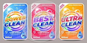 Laundry detergent stickers. Washing powder and soap labels, liquid cleaner and stain remover, washing and cleaning photo
