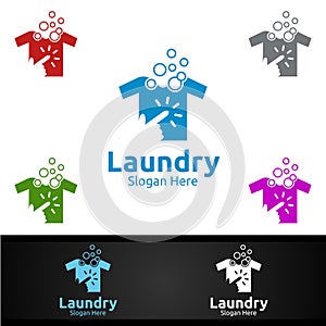 Laundry Dry Cleaners Logo with Clothes, Water and Washing Concept