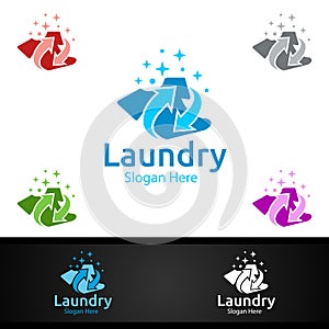 Laundry Dry Cleaners Logo with Clothes, Water and Washing Concept