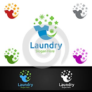 Laundry Dry Cleaners Logo with Clothes, Water and Washing Concept