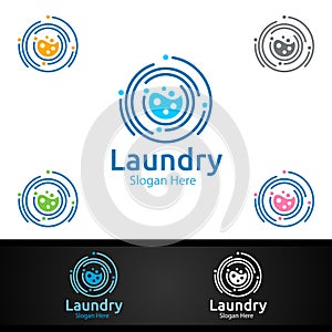 Laundry Dry Cleaners Logo with Clothes, Water and Washing Concept