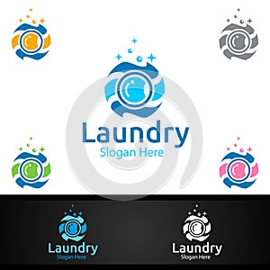 Laundry Dry Cleaners Logo with Clothes, Water and Washing Concept