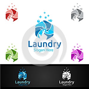 Laundry Dry Cleaners Logo with Clothes, Water and Washing Concept