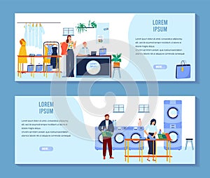 Laundry, dry cleaning vector illustration set, cartoon people clean clothes in laundromat, cleaners working in cleaning