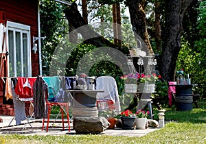 Laundry drying on a bright sunny spring day outdoors