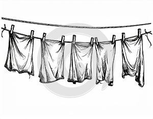 Laundry Drying on Clothesline with Clothes Pins in Black and White Sketch
