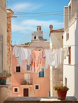 Laundry drying outside in the sun on a clothesline between houses in the old quarter of the southern town. Generative AI