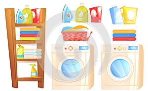 Laundry furniture object. Washer machine, iron, washing powder, shelves with household things for cleaning the house and towels