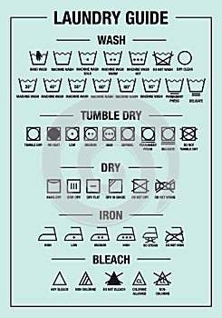 Laundry guide, washing, care signs, textile symbols, vector graphic design elements