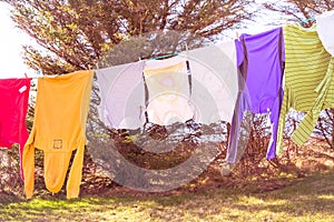 Laundry hanging out to dry outdoors in summer