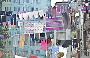 Laundry hangs in front of the facade in Batumi, Georgia