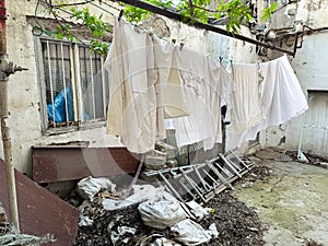 Laundry hangs on line in dilapidated city yard with overgrown leaves, broken furniture and trash, depicting neglect and photo