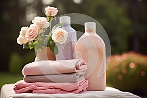Laundry, housekeeping and homemaking, clean folded clothes and detergent conditioner bottles in the garden, country cottage style