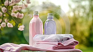 Laundry, housekeeping and homemaking, clean folded clothes and detergent conditioner bottles in the garden, country cottage style