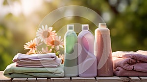 Laundry, housekeeping and homemaking, clean folded clothes and detergent conditioner bottles in the garden, country cottage style
