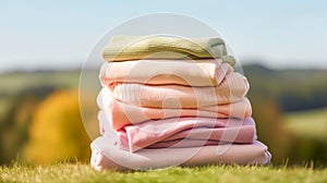 Laundry, housekeeping and homemaking, stack of clean and folded clothes in the countryside, generative ai