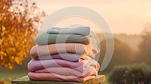 Laundry, housekeeping and homemaking, stack of clean and folded knitted clothes in the countryside, generative ai