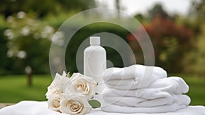 Laundry, housekeeping and homemaking, white clean folded clothes and detergent conditioner bottle in the garden, country cottage