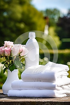 Laundry, housekeeping and homemaking, white clean folded clothes and detergent conditioner bottle in the garden, country cottage