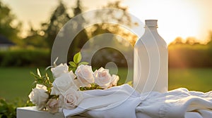 Laundry, housekeeping and homemaking, white clean folded clothes and detergent conditioner bottle in the garden, country cottage