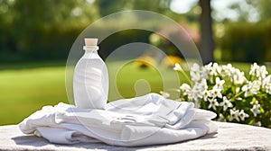 Laundry, housekeeping and homemaking, white clean folded clothes and detergent conditioner bottle in the garden, country cottage