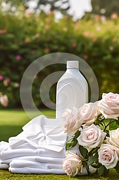 Laundry, housekeeping and homemaking, white clean folded clothes and detergent conditioner bottle in the garden, country cottage