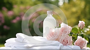 Laundry, housekeeping and homemaking, white clean folded clothes and detergent conditioner bottle in the garden, country cottage