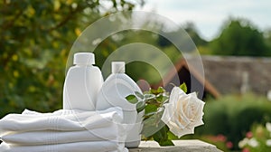 Laundry, housekeeping and homemaking, white clean folded clothes and detergent conditioner bottles in the garden, country cottage