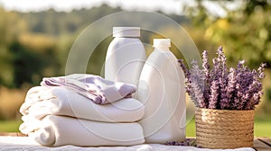 Laundry, housekeeping and homemaking, white clean folded clothes and detergent conditioner bottles in the garden, country cottage