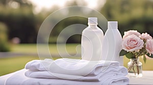 Laundry, housekeeping and homemaking, white clean folded clothes and detergent conditioner bottles in the garden, country cottage