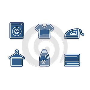 Laundry icon set with iron, tshirt, detergent, clothes stack, hanger and wash machine cutout sticker icon style